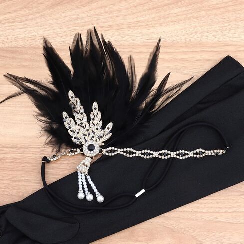 CURASA 1920s Accessories for Women 1920s Black Flapper Headpiece and Gloves Roaring 20s Accessories Costumes for Women Vintage Feather Headpiece 1920 Showgirl Headpieces for Wedding Cocktail Prom in Saudi Arabia