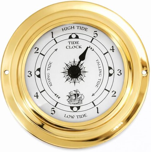 3.85" Brass Tide Clock – High & Low Tide Dial, Nautical Wall/Boat Mount, Includes 3-Step Setup Card + Tide Reminder Card, Spare Screws, Quiet Quartz Movement in Saudi Arabia