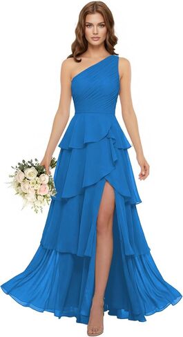 Chiffon Tiered Ruffle Bridesmaid Dresses for Women with Slit One Shoulder Pleated Formal Prom Evening Gowns in Saudi Arabia
