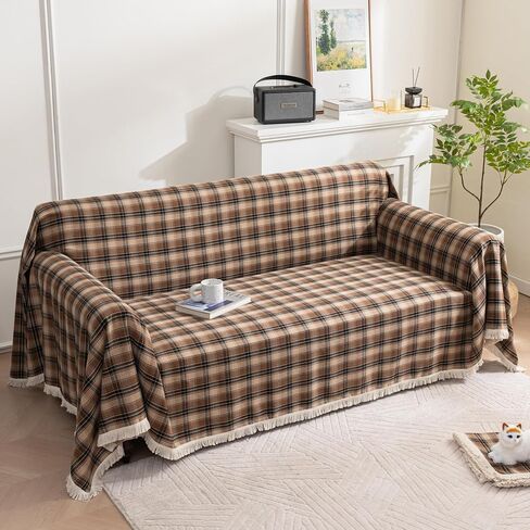 Plaid Couch Cover with Tassels, Washable 3-Seater Sectional Sofa Cover for Living Room (Brown, 69"x134") in Saudi Arabia