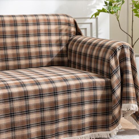 Plaid Couch Cover with Tassels, Washable 3-Seater Sectional Sofa Cover for Living Room (Brown, 69"x134") in Saudi Arabia