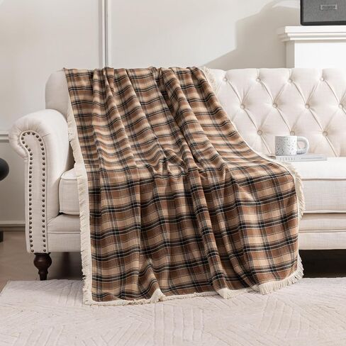 Plaid Couch Cover with Tassels, Washable 3-Seater Sectional Sofa Cover for Living Room (Brown, 69"x134") in Saudi Arabia