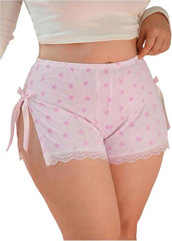 OYOANGLE Women's Plus Size Striped Star Print Boyshorts Panties Cute Bow Lace Trim Side Split Boxer Briefs in Saudi Arabia