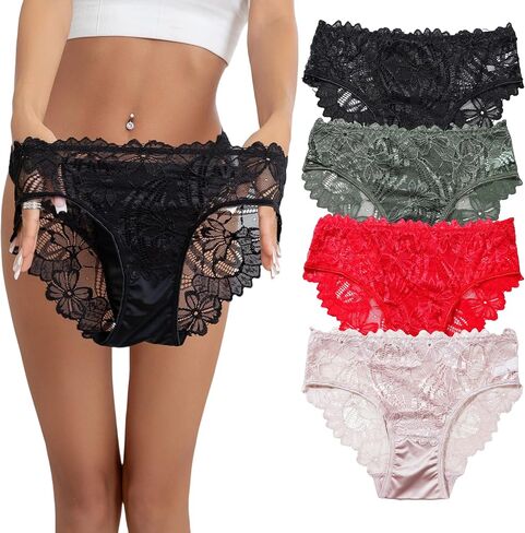 4PC Women’s Sheer Lace High-Cut Panty – Elegant Sexy Briefs with Floral Design Soft & Breathable black green red pink S-XXL in Kuwait