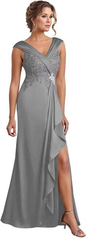 Mother of The Bride Dresses - Chiffon V Neck Gown with Embroidery Cascade Ruffle Slit in Kuwait