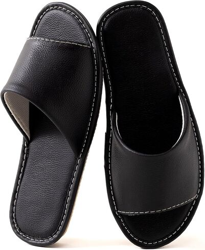 Leather Slide Sandals for Men Women - Top-Grain Cowhide Non-Slip Slippers (Black/Gray/Blue) in Saudi Arabia