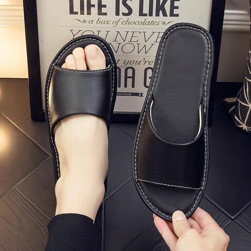 Leather Slide Sandals for Men Women - Top-Grain Cowhide Non-Slip Slippers (Black/Gray/Blue) in Saudi Arabia