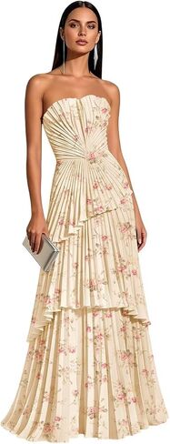 Strapless Bridesmaid Dresses for Women Chiffon 2026 Tiered Flowy Ruffle A Line Evening Prom Dress FP90 in Saudi Arabia