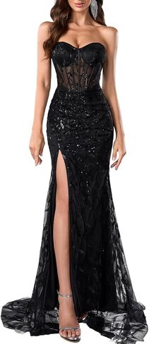 Women’s Black Corset Dress Sexy high Slit Dress Sequin Prom Dress All Black Gala Dress for Women in Kuwait