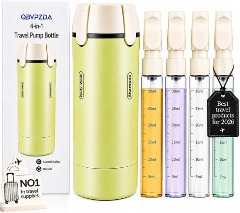 4 in 1 Travel Dispenser Bottle Flying Essentials Camping Toiletries Pump Leak Proof Size Portable Containers Refillable for Shampoo Lotion Creams Body Wash Conditioner Attached Label (Green) in Saudi Arabia