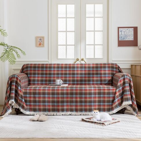 Plaid Couch Cover with Tassels, Washable 3-Seater Sectional Sofa Cover for Living Room (Brown, 69"x134") in Saudi Arabia