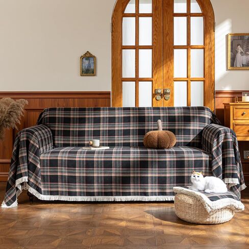 Plaid Couch Cover with Tassels, Washable 3-Seater Sectional Sofa Cover for Living Room (Brown, 69"x134") in Saudi Arabia