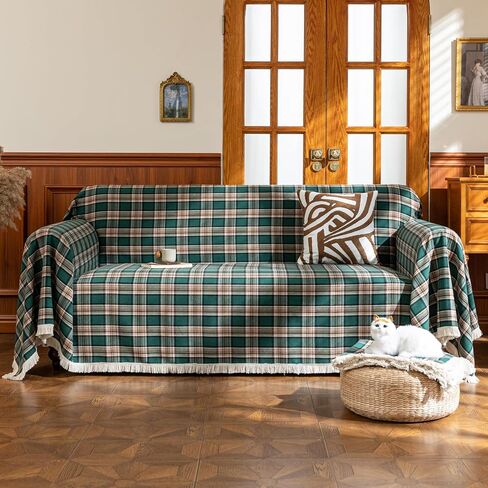 Plaid Couch Cover with Tassels, Washable 3-Seater Sectional Sofa Cover for Living Room (Brown, 69"x134") in Saudi Arabia
