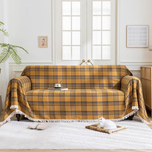 Plaid Couch Cover with Tassels, Washable 3-Seater Sectional Sofa Cover for Living Room (Brown, 69"x134") in Saudi Arabia