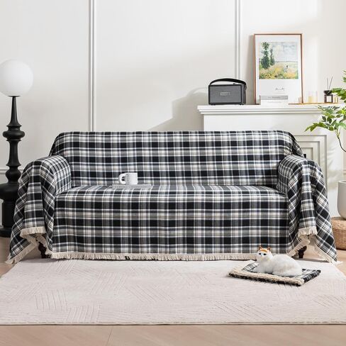 Plaid Couch Cover with Tassels, Washable 3-Seater Sectional Sofa Cover for Living Room (Brown, 69"x134") in Saudi Arabia