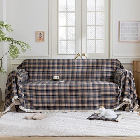 Plaid Couch Cover with Tassels, Washable 3-Seater Sectional Sofa Cover for Living Room (Brown, 69"x134") in Saudi Arabia