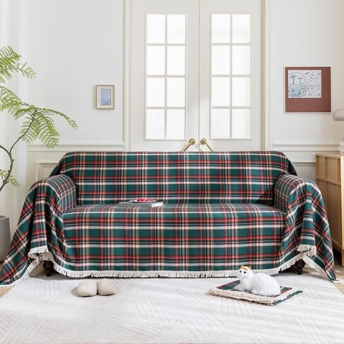 Plaid Couch Cover with Tassels, Washable 3-Seater Sectional Sofa Cover for Living Room (Brown, 69"x134") in Saudi Arabia