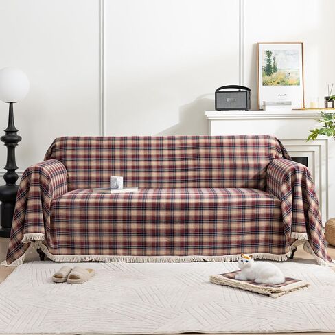 Plaid Couch Cover with Tassels, Washable 3-Seater Sectional Sofa Cover for Living Room (Brown, 69"x134") in Saudi Arabia