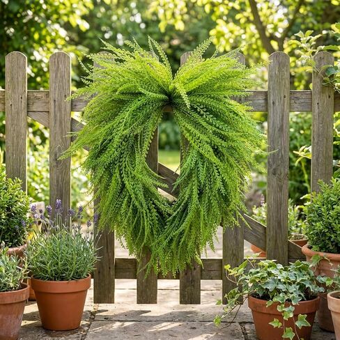 ENVEN Artificial Wreaths for Front Door, Greenery Persian Boston Fern Leaf Lush Green Artificial Wreath for Home, Porch & Wall Decor Green in Kuwait