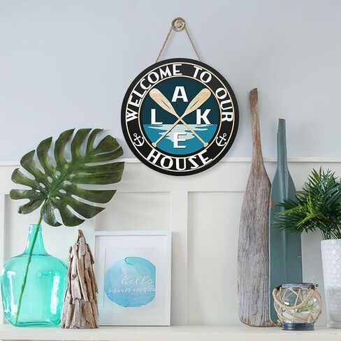 Lake Life Welcome to Our House Front Door Sign, Lakehouse Paddle Family Wood Hanger Outdoor Outside Porch Home Decor, Nautical Anchor Farmhouse Wooden Wreath Indoor Wall Hanging Decoration in Kuwait