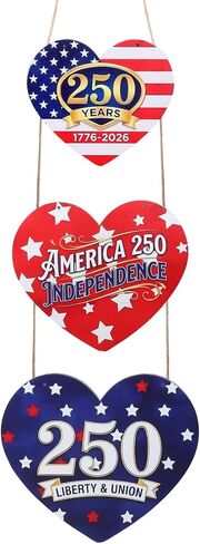 250th Anniversary 4th of July Door Sign, Patriotic Heart-Shaped Hanging Wall Decor, Red White Blue America Independence Day Wooden Sign for Front Door, Home, Porch Decorations in Saudi Arabia