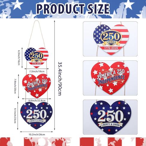 250th Anniversary 4th of July Door Sign, Patriotic Heart-Shaped Hanging Wall Decor, Red White Blue America Independence Day Wooden Sign for Front Door, Home, Porch Decorations in Saudi Arabia