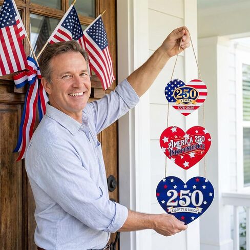 250th Anniversary 4th of July Door Sign, Patriotic Heart-Shaped Hanging Wall Decor, Red White Blue America Independence Day Wooden Sign for Front Door, Home, Porch Decorations in Saudi Arabia
