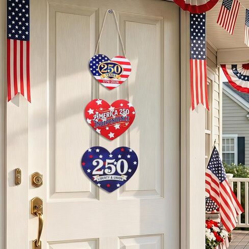 250th Anniversary 4th of July Door Sign, Patriotic Heart-Shaped Hanging Wall Decor, Red White Blue America Independence Day Wooden Sign for Front Door, Home, Porch Decorations in Saudi Arabia