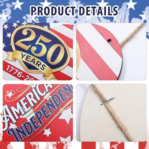 250th Anniversary 4th of July Door Sign, Patriotic Heart-Shaped Hanging Wall Decor, Red White Blue America Independence Day Wooden Sign for Front Door, Home, Porch Decorations in Saudi Arabia