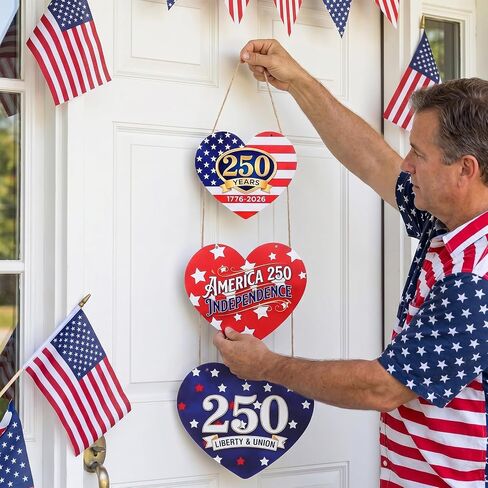 250th Anniversary 4th of July Door Sign, Patriotic Heart-Shaped Hanging Wall Decor, Red White Blue America Independence Day Wooden Sign for Front Door, Home, Porch Decorations in Saudi Arabia