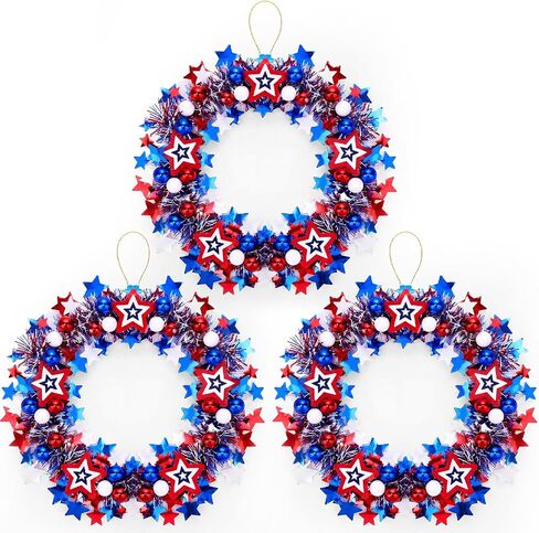 3 Pack 12 Inches Patriotic Wreaths for Front Door, 250th Anniversary 4th of July Star Tinsel Wreaths, Red White and Blue Stars Hanging Ornaments Garland for Independence Day Indoor Outdoor Party Decor in Saudi Arabia
