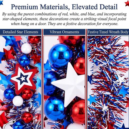 3 Pack 12 Inches Patriotic Wreaths for Front Door, 250th Anniversary 4th of July Star Tinsel Wreaths, Red White and Blue Stars Hanging Ornaments Garland for Independence Day Indoor Outdoor Party Decor in Saudi Arabia