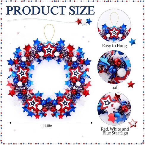 3 Pack 12 Inches Patriotic Wreaths for Front Door, 250th Anniversary 4th of July Star Tinsel Wreaths, Red White and Blue Stars Hanging Ornaments Garland for Independence Day Indoor Outdoor Party Decor in Saudi Arabia