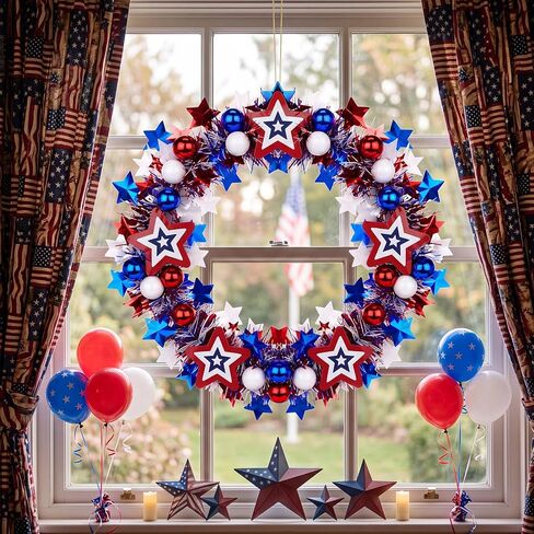 3 Pack 12 Inches Patriotic Wreaths for Front Door, 250th Anniversary 4th of July Star Tinsel Wreaths, Red White and Blue Stars Hanging Ornaments Garland for Independence Day Indoor Outdoor Party Decor in Saudi Arabia