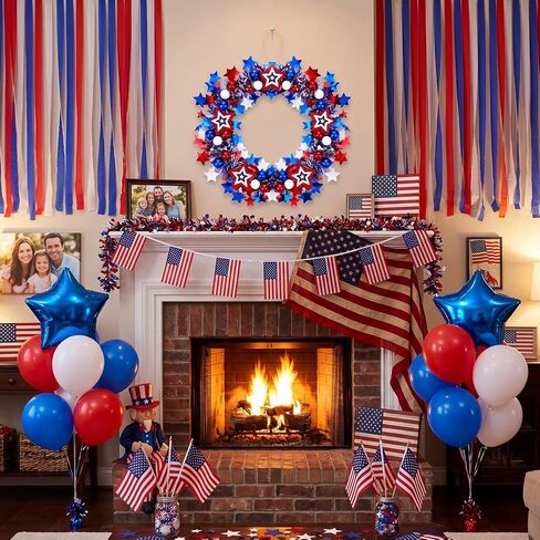 3 Pack 12 Inches Patriotic Wreaths for Front Door, 250th Anniversary 4th of July Star Tinsel Wreaths, Red White and Blue Stars Hanging Ornaments Garland for Independence Day Indoor Outdoor Party Decor in Saudi Arabia