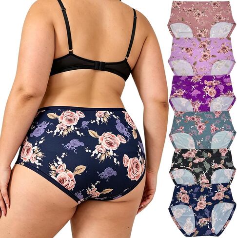 Womens Underwear Plus Size Briefs XL-5XL Mid High Waist Full Coverage Ladies Panties Rose Floral Print 6 Pack Undies in Saudi Arabia