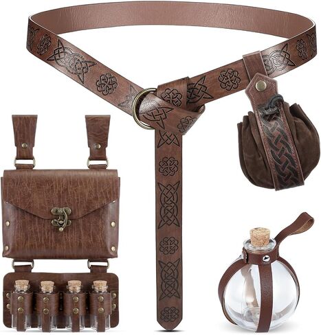 4 Pcs Renaissance Accessories Belt Pouch Waist Bag Potion Bottle Faux Leather Belt Pouch with 4 Cork Potion Vials for Halloween(Coffee) in Kuwait