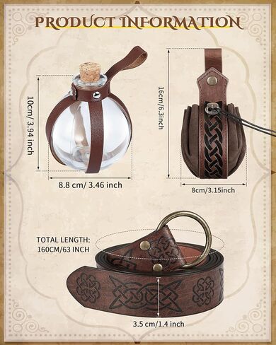 4 Pcs Renaissance Accessories Belt Pouch Waist Bag Potion Bottle Faux Leather Belt Pouch with 4 Cork Potion Vials for Halloween(Coffee) in Kuwait