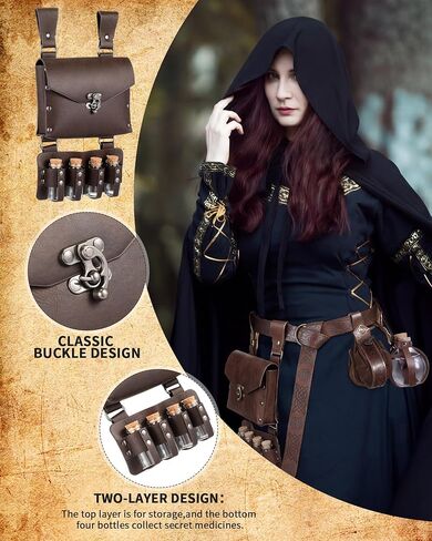 4 Pcs Renaissance Accessories Belt Pouch Waist Bag Potion Bottle Faux Leather Belt Pouch with 4 Cork Potion Vials for Halloween(Coffee) in Kuwait