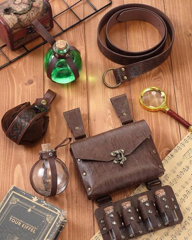4 Pcs Renaissance Accessories Belt Pouch Waist Bag Potion Bottle Faux Leather Belt Pouch with 4 Cork Potion Vials for Halloween(Coffee) in Kuwait