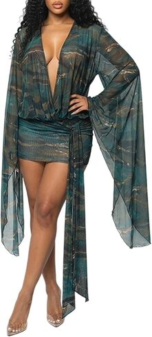 Women's Sexy Mini Dress Long Sleeve Cowl Neck Mesh Cocktail Dresses Backless Bodycon Beach Cover Up in Saudi Arabia