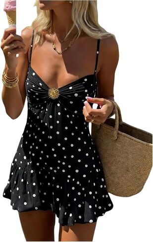 Verdusa Women's Mini Dress Polka Dots Bubble Dresses Metal Ruched Ruffle Mini Cami Dress Vacation Party Outfits in Kuwait