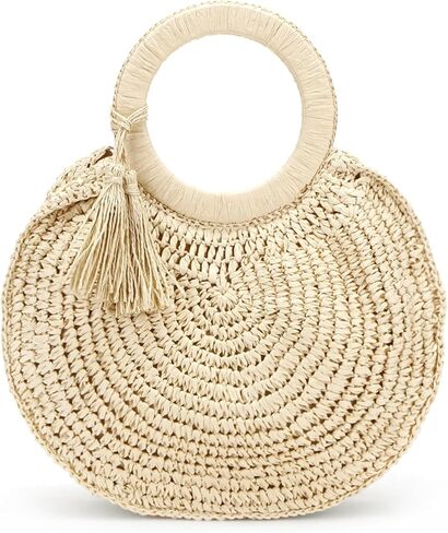 Round Paper Straw Tote Bag for Women Handwoven Purses with Tassel Beach Bag Summer Vacation in Kuwait