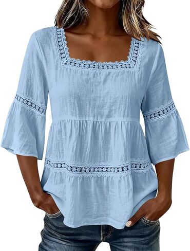 Womens Cotton Linen Boho Summer Tops Square Neck Elbow Length Sleeve Eyelet Tunic Shirts Lace Trim Babydoll Blouse in Kuwait