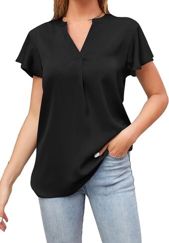 OMZIN Womens Satin Shirts Ruffle Short Sleeve V Neck Top Casual Solid Summer Blouse Top in Saudi Arabia