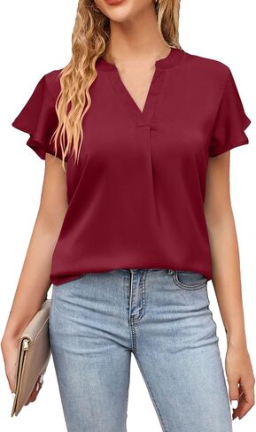 OMZIN Womens Satin Shirts Ruffle Short Sleeve V Neck Top Casual Solid Summer Blouse Top in Saudi Arabia