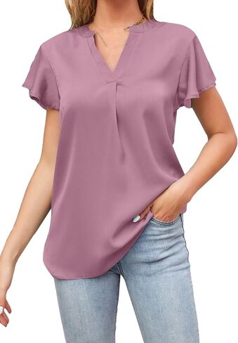 OMZIN Womens Satin Shirts Ruffle Short Sleeve V Neck Top Casual Solid Summer Blouse Top in Saudi Arabia