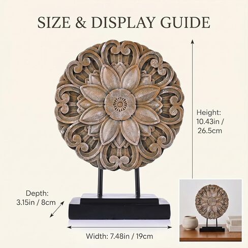 Brown Farmhouse Table top Sculpture Above Cabinet Decor Kitchen, Boho Carving Knick Knacks Shelf Decor Accent, Round Statue for Credenza Bookshelf Rustic Shabby Chic Center Pieces Decoration in Saudi Arabia