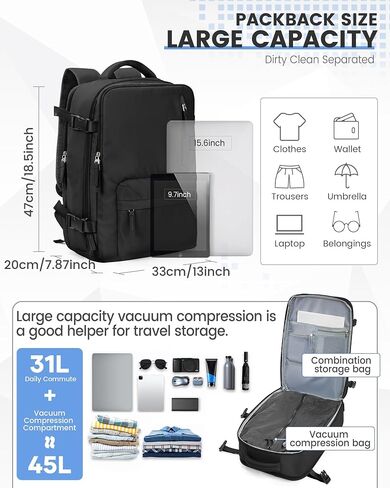 BOXSAM Vacuum Seal Backpack for Travel with Air Pump Compression 18x14x8 inches Vacpack Carry on Flight Approved Daypack Laptop Space Saver Bags Storage with Vacuum System Travel Bag Men Women Black in Saudi Arabia