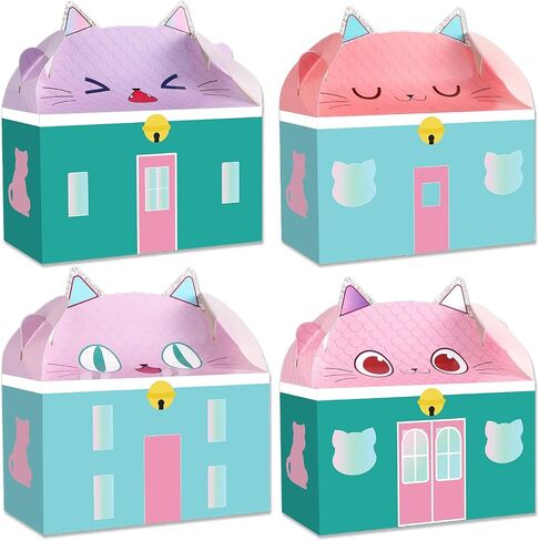 24PCS Cat House Paper Treats Boxes for Cat Party Party Bags Decorations Accouns Histten Toy تحت عنوان Candy Goodie Box لطيف Kitty House صندوق هدايا للأطفال in Kuwait